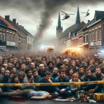 An HD photo illustrating a gloomy and tragic atmosphere within a small local town in Belgium known as Bilzen. There should be significant signs of an accident scene like yellow police tape, flashing lights of an ambulance and a police car. A crowd of varied ethnicities both men and women peering from a distance, displaying expressions of shock and grief. Do not depict any explicit or overly graphic content, but instead focus on the overall sombre mood and the town's community resonating with the loss of a beloved local resident.