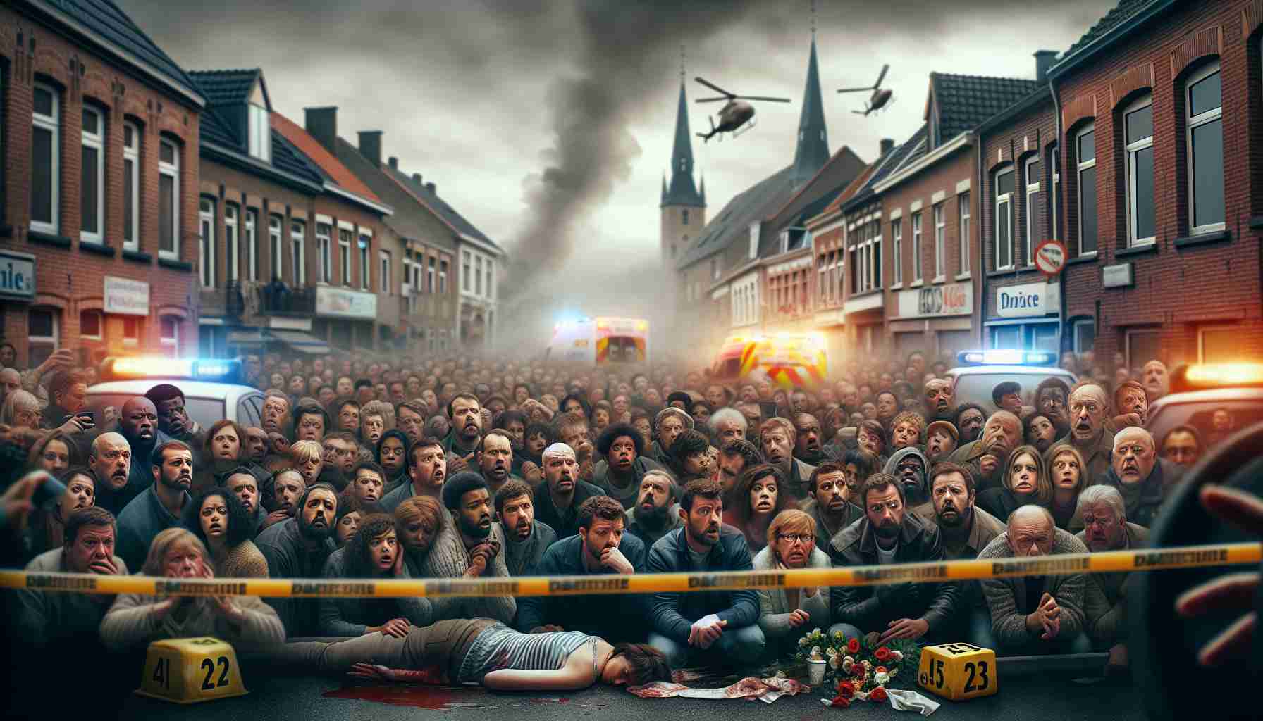 An HD photo illustrating a gloomy and tragic atmosphere within a small local town in Belgium known as Bilzen. There should be significant signs of an accident scene like yellow police tape, flashing lights of an ambulance and a police car. A crowd of varied ethnicities both men and women peering from a distance, displaying expressions of shock and grief. Do not depict any explicit or overly graphic content, but instead focus on the overall sombre mood and the town's community resonating with the loss of a beloved local resident.