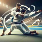 Create an image that shows a detailed and realistic scene of a judo match in progress. In the scene, two athletes are demonstrating the updated rules of a judo throw. Show the athletes in mid-action, with one executing the throw and the other being thrown. The match is taking place in a well-lit professional judo dojo, with a a close-up view to clearly illustrate the technique. Visual aids, like arrows or motion blur, can be included to emphasize the trajectory and movement, helping one to understand the updated rules.