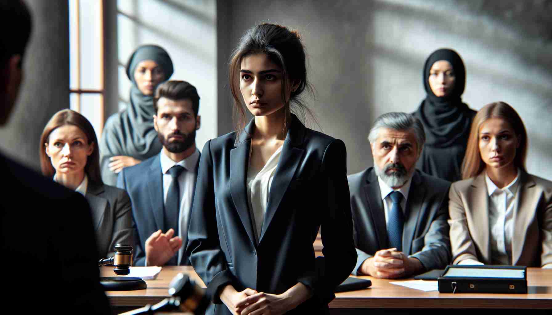 High definition, realistic portrayal of a South Asian female journalist confronting espionage charges in a Russian courtroom setting. She is dressed in professional attire, displaying an unwavering sense of determination despite the grave accusations. Around her are individuals portraying various roles within the justice system - a Caucasian male judge, a Middle-Eastern female prosecutor, and a panel of diverse jurors. The intensity of the trial is palpable.