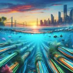 A realistic high-definition image showcasing the scenery of damaged underwater fiber optic cables stretched across various coastal cities. The image could depict thick, multicolored cables with signs of wear and tear, inflicted by physical forces and marine life. It might also portray the cables submerged in crystal clear ocean water, with the surrounding marine environment composed of aquatic plants, colorful fishes, and deep-sea creatures. In the distance, silhouettes of the coastal city skylines under a vibrant sunset or sunrise can be seen.