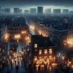 A high-definition image showing the city of Mechelen demonstrating unity to conserve energy after a storm. The scene should include dimmed lights, illuminated candles in windows, and people huddled in community centers. Some buildings have visible damage from the storm, and cleanup crews of diverse descents and genders are visible in the streets. The mood in the city is solemn yet hopeful as everyone works together to restore their home.