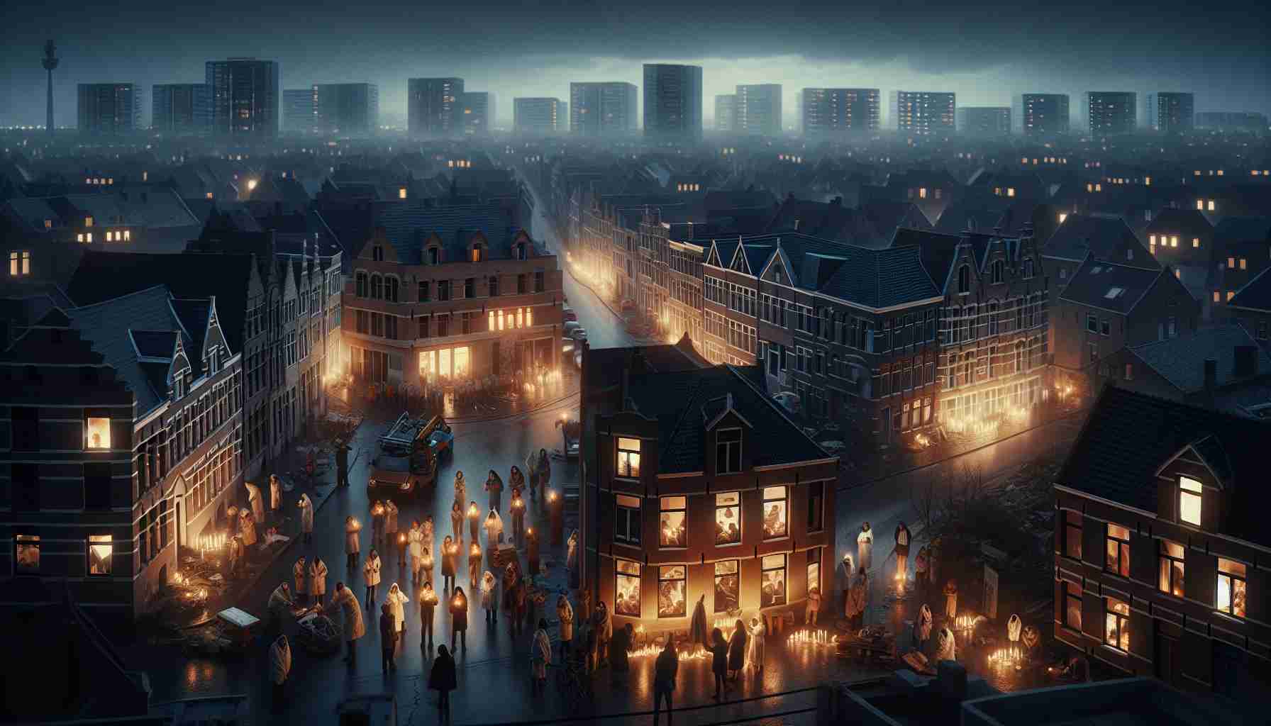 A high-definition image showing the city of Mechelen demonstrating unity to conserve energy after a storm. The scene should include dimmed lights, illuminated candles in windows, and people huddled in community centers. Some buildings have visible damage from the storm, and cleanup crews of diverse descents and genders are visible in the streets. The mood in the city is solemn yet hopeful as everyone works together to restore their home.