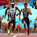 A high-definition image capturing an unexpected moment during an Olympic triathlon event. Picture two male athletes, one Black and one Hispanic, nearing the finishing line, both equally exhausted yet determined. Suddenly, a wild deer, startled by the commotion, unexpectedly leaps across the track just a few feet ahead of them, in mid-air, with the audience in the background gasping in surprise.