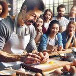 Create a high-definition, realistic image showcasing a Japanese cooking class. The focus of the culinary lesson is on eggs, creating an air of excitement and culinary exploration. Depict a diverse array of aspiring chefs of differing genders and descents, wearing aprons and eagerly watching the demonstration by a middle-aged, Hispanic male instructor. The instructor is skillfully cracking an egg while various Japanese ingredients and cooking utensils are spread around the countertop.