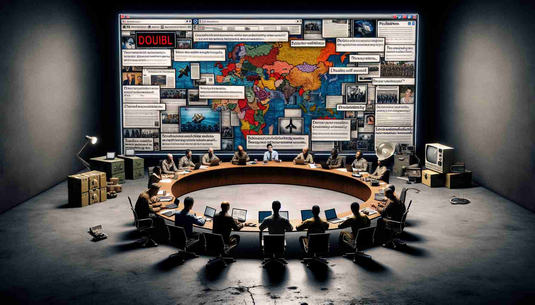 A conceptual visual representation of the challenges faced in verifying social media content during military conflicts. This is showcased through a high-definition image of a digital screen, split into two sections. The left section shows various social media posts with doubtful reliability markers, while the right section depicts a group of individuals around a table, made up of men and women of varying races, including Black, Caucasian, South Asian, Hispanic, and Middle-Eastern, all ardently working to fact-check the information. Military paraphernalia like maps and radios, along with traditional news sources, are around, indicating the context of the military conflict.