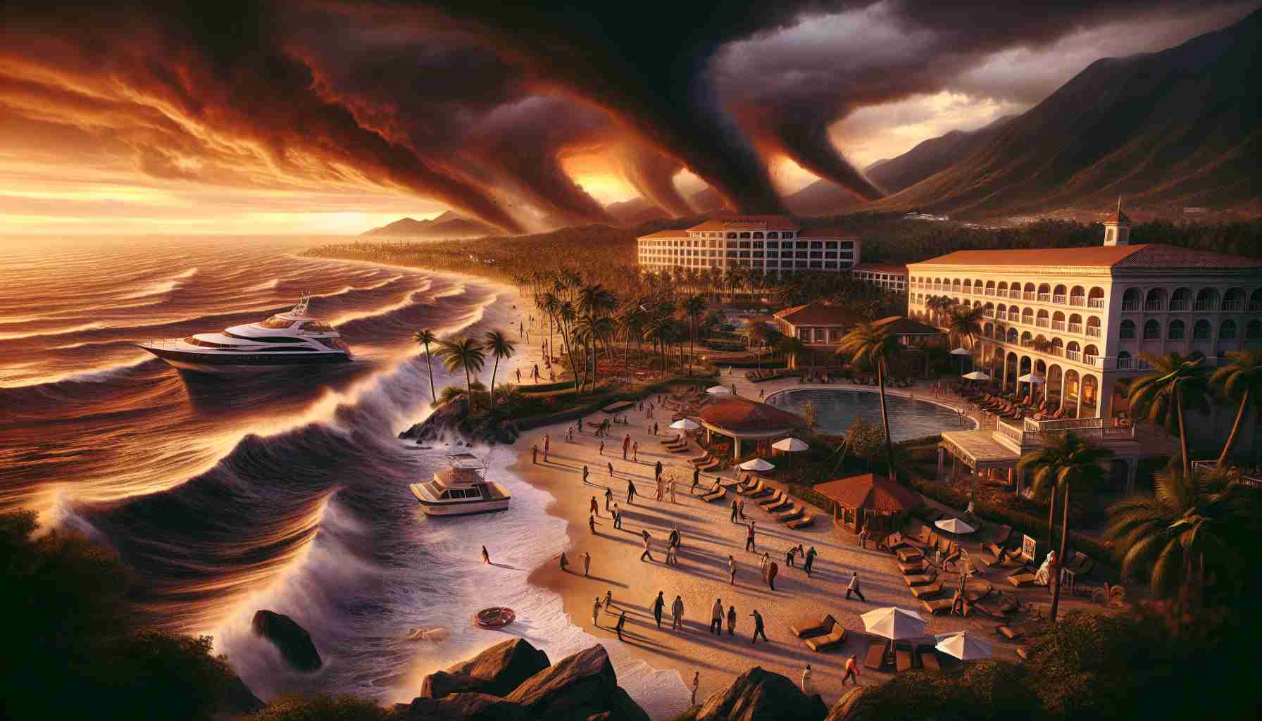 High definition, realistic depiction of a dramatic scene unfolding at a coastal resort. The landscape should feature grand tracts of beach, palm trees and resort buildings. The sky is ablaze with sunset, casting long, ominous shadows on the area. The scene should suggest an air of tense anticipation, with resort staff, of different genders and descents like Middle-Eastern, Hispanic, White, Black and South Asian, hurriedly taking safety measures. Perhaps a yacht is drifting aimlessly in the rough sea. Please do not portray violence, gore, or devastation, but suggest the impending tragedy through the stormy sky, agitated ocean and anxious people.