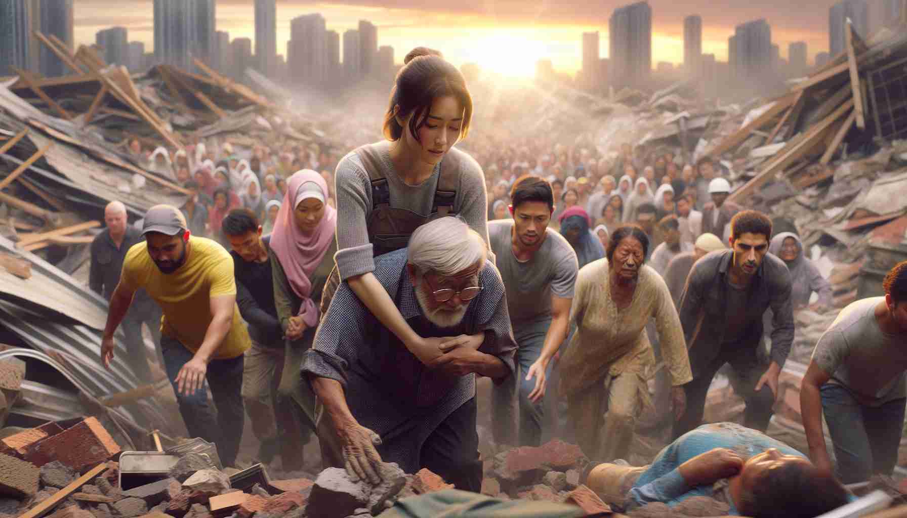 Create a high-definition image depicting a heartwarming scene of kindness in the midst of a tragedy. The image should convey a powerful sense of compassion and resilience. Picture a group of diverse people coming together to support each other, perhaps after a natural disaster. To serve as a beacon of hope amongst the devastation, there is an East Asian female valiantly helping a Hispanic elderly man through rubble. In the distance, a crowd of South Asian, Caucasian, Black and Middle-Eastern individuals unite in solidarity, each showcasing acts of courage and compassion through their actions.