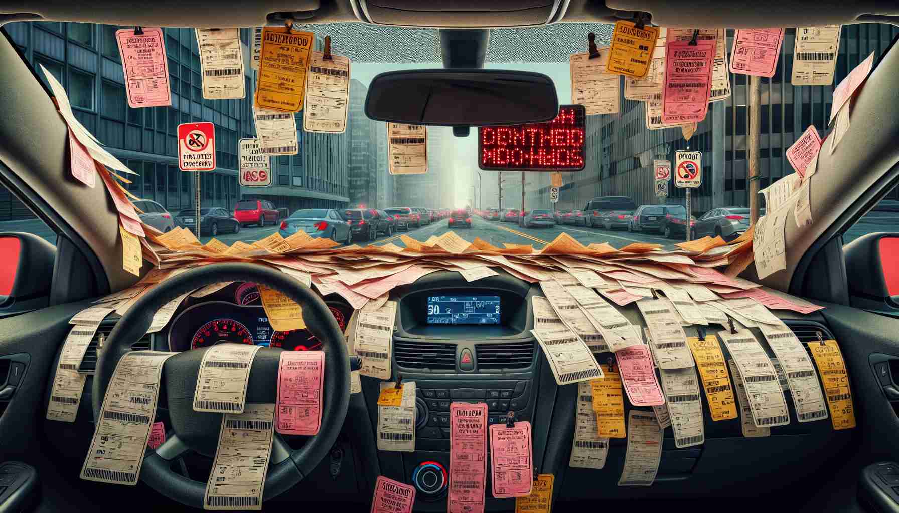 Generate a high definition image depicting a scenario from the point of view of an individual inside a car, showing the cluttered dashboard covered with multiple parking tickets and traffic violation notices as well as a traffic sign in the distant view. Don't show any accidents, personal harm, or identities.