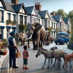 Render a high-definition, realistic image of an unexpected event taking place in a quaint neighborhood. Picture a quiet, peaceful street lined with charming, unique houses. Suddenly, an unusual sight appears - a mixed herd of elephants, zebras, and giraffes, meandering contentedly down the road. Bemused residents, a Middle-Eastern male postman, a South Asian female baker, a Hispanic elderly couple and a Black child looking on in surprise and intrigue as this unexpected safari calmly explores their homely neighborhood