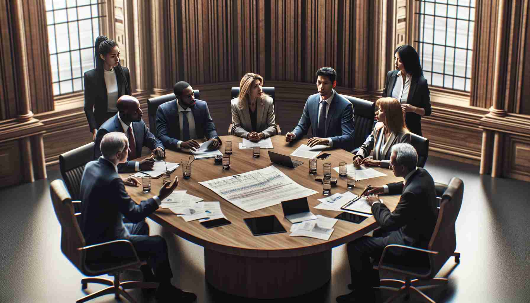 Realistic high-definition image of a diverse group of politicians assembled in a government building. The group includes a Black man, Hispanic woman, South Asian man, Caucasian woman, and a Middle-Eastern man. They are engaged in a passionate discussion on bold financial plans, with papers and digital devices scattered about their large, wooden, oval-shaped conference table. Layers of depth and visual texture suggest the serious and analytical mood of the meeting.