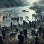 A high definition, realistic scene displaying the aftermath of a tragic accident. Display a tormented river scene with distressed bystanders gathering at the river bank, their expressions reflecting the heavy news. A rescue team is present, diligently searching and working in the water. Keep the atmosphere somber and heavy, encapsulating the tragic loss of a young life.