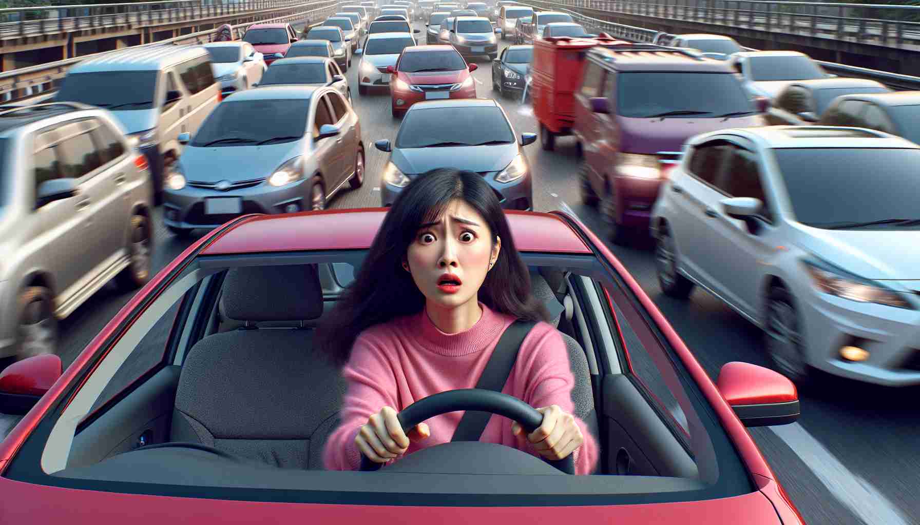 High-resolution realistic image of a young Asian female driver in a red car causing havoc on a bustling highway packed with diversified vehicles. She wears a look of surprise mingled with panic as she maneuvers through the unexpected traffic. Capture the confusion, the honking of the cars, and the agitated expressions of the other drivers who are trying their best to avoid a collision. Convey an atmosphere of chaos and high tension.