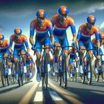 Generate a realistic, high-definition image of a group of cyclists, each one wearing the vibrant orange and blue uniform associated with the Netherlands. They are in the midst of a European Championship race. Show them flying down the road, faces determined and focused, as they lead the pack, exemplifying the athleticism and high skill level that has propelled them to the forefront of this continental competition. Add an atmospheric European countryside in the background to set the scene, with supporters cheering them on from the sidelines.