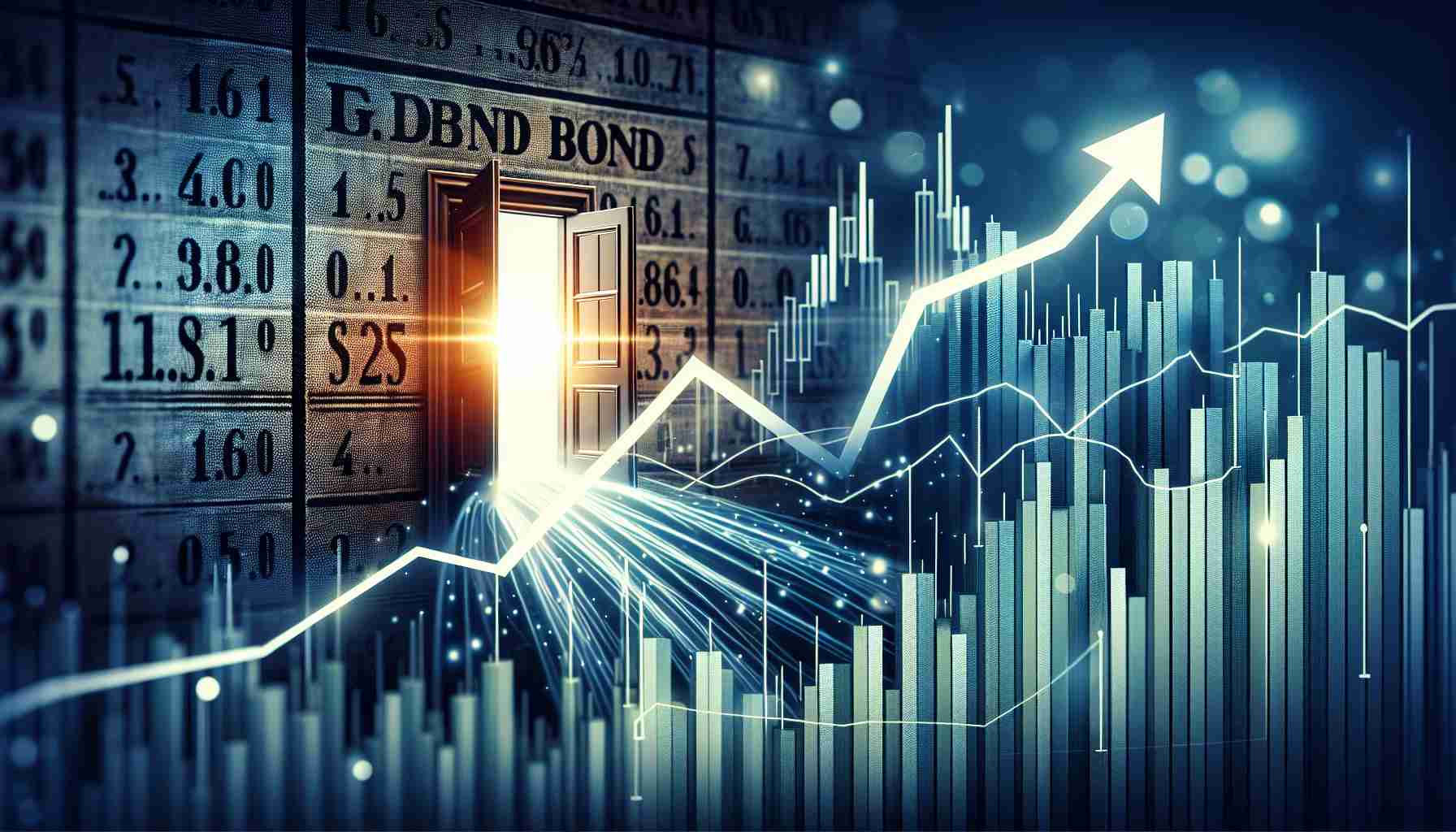 An image that accurately depicts the concept of new investment options emerging as a result of decreased returns on a popular government bond. It could be a financial graphic, with lines and bar graphs showing the falling rates of the bond juxtaposed with the dynamic rise of alternative investments. In this high-definition representation, ensure to emphasize the idea of opportunity in financial adversity, possibly using symbols such as doors opening or arrows moving upwards.