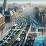 Detailed and realistic high-definition image showcasing the implementation of new and improved traffic measures in the city of Antwerp, Belgium. Emphasize on the well-organized traffic flow, advanced traffic lights, and clearly marked bike lanes.