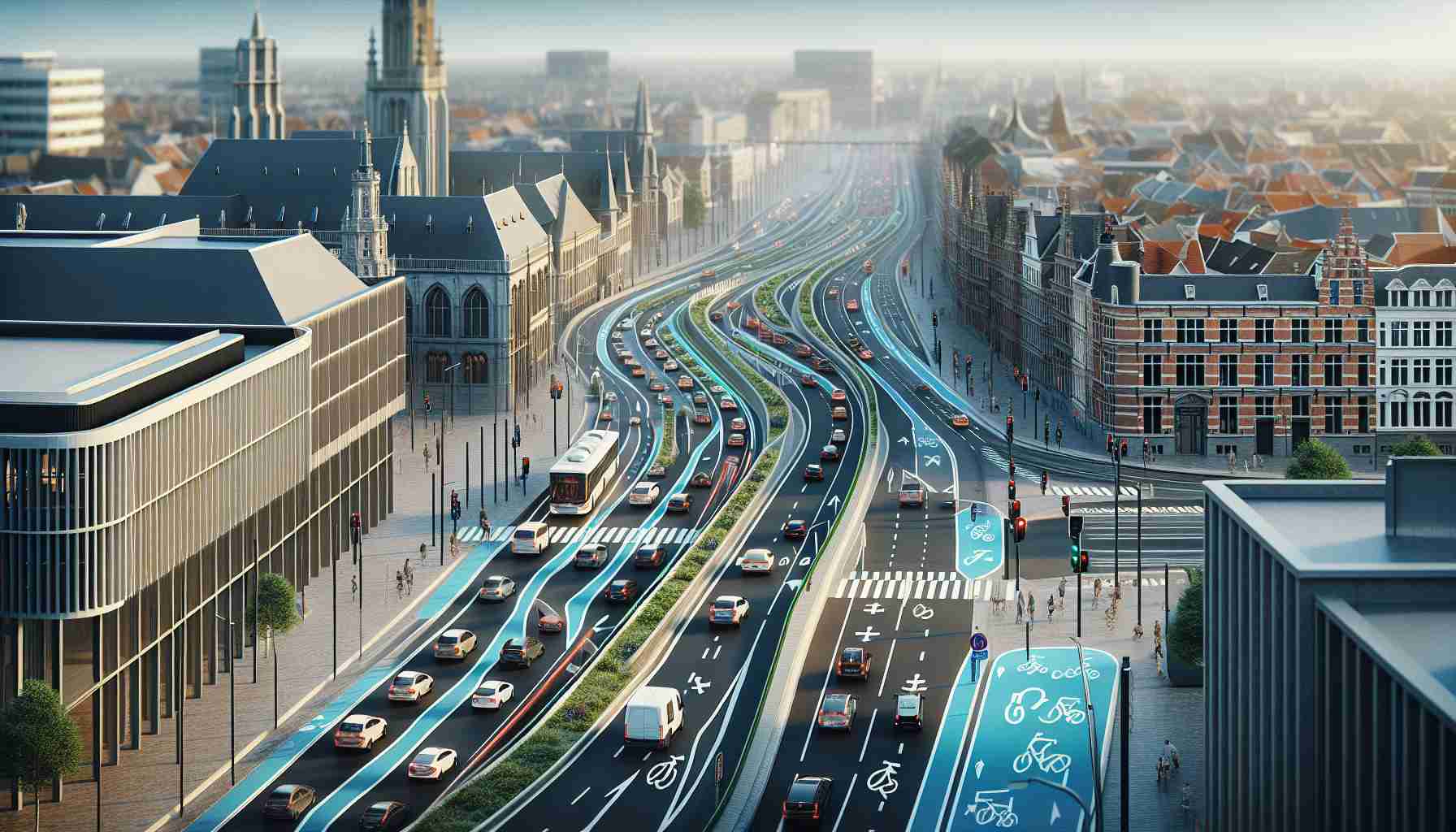 Detailed and realistic high-definition image showcasing the implementation of new and improved traffic measures in the city of Antwerp, Belgium. Emphasize on the well-organized traffic flow, advanced traffic lights, and clearly marked bike lanes.