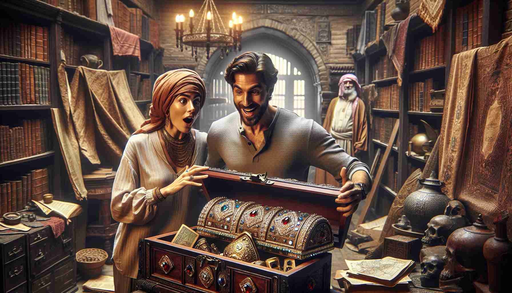 Create a realistic high-definition image depicting a surprising scene: A Middle-Eastern woman and a Caucasian man, both in their forties and casually dressed, are standing in an antique-filled room. They're sifting through a large wooden chest full of old artifacts - ancient books, jewelry, sepia-tinted photos, and an old map. Their faces are lit with astonishment and delight as they hold an ornate, brilliantly gem-encrusted golden key, unaware of the adventures the inheritance will bring.