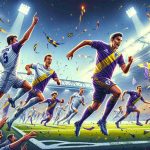 An HD detailed illustration depicting the exciting climax of a soccer match between two energetic teams. One team in purple and white uniforms, having the vibes of Anderlecht, is mustering all their energy for a spectacular fightback, while the other team, clad in yellow and blue akin to Westerlo, is striving to maintain their lead. The soccer field is filled with intensity, the spectators in the background are a mix of tense and hopeful, their cheers echoing around the stadium. The atmosphere is that of a thrilling contest where Anderlecht is fighting hard to earn a draw against Westerlo.