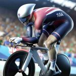 High-definition realistic image of a silver medal-winning paralympic cyclist in time trial action. The cyclist, who has a powerful physique, is wearing a team uniform with the colors of his nation. The helmet is securely fastened, and the eyes are focused on the course ahead. The racing bike, designed for speed and agility, is under them and they're pedaling with all their might against the backdrop of a cheering crowd.