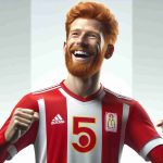 High definition realistic image of a professional football player with ginger hair, celebrating the fifth anniversary of a renowned charity initiative providing support to families in need, similar to Ronald McDonald House. He's wearing a red and white football kit, which closely resembles the colors of the initiative. The football player is joyful and full of energy, exemplifying the spirit of giving and community service.