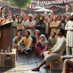 A realistic HD image showcasing an unconventional approach to political debates. Display a scene in a lively park with an informal setting. A Middle-Eastern female with an intense, passionate gaze is standing on a makeshift podium made of crates, passionately discussing her points with a crowd. Beside her, a South Asian man, his expressions radiating calm and wisdom, is patiently waiting for his turn. Spectators from diverse backgrounds are engaged in the discussion, some vigorously nodding in agreement, others thoughtfully pondering the points made. On the side, a few people are having side conversations, exchanging ideas and viewpoints.