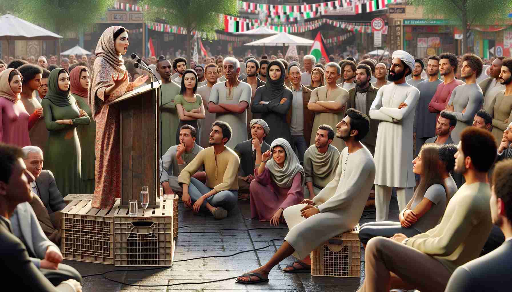 A realistic HD image showcasing an unconventional approach to political debates. Display a scene in a lively park with an informal setting. A Middle-Eastern female with an intense, passionate gaze is standing on a makeshift podium made of crates, passionately discussing her points with a crowd. Beside her, a South Asian man, his expressions radiating calm and wisdom, is patiently waiting for his turn. Spectators from diverse backgrounds are engaged in the discussion, some vigorously nodding in agreement, others thoughtfully pondering the points made. On the side, a few people are having side conversations, exchanging ideas and viewpoints.