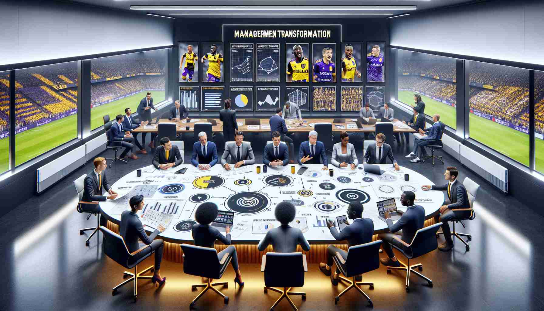 A detailed view of a management transformation for the Anderlecht Football Club. Visualize a bright, modern meeting room where all the critical strategic decisions happen. The table is overflown with paper diagrams of new strategies while cutting-edge technology devices show performance analytics. On the walls, pictures of past glories inspire future victories. There are several diverse people: a black female strategists, a white male coach, a middle-eastern female financial analyst, and a south asian male sports scientist. All are deeply immersed in a passionate discussion under the context of a revolutionary new era. Create this in HD realism.