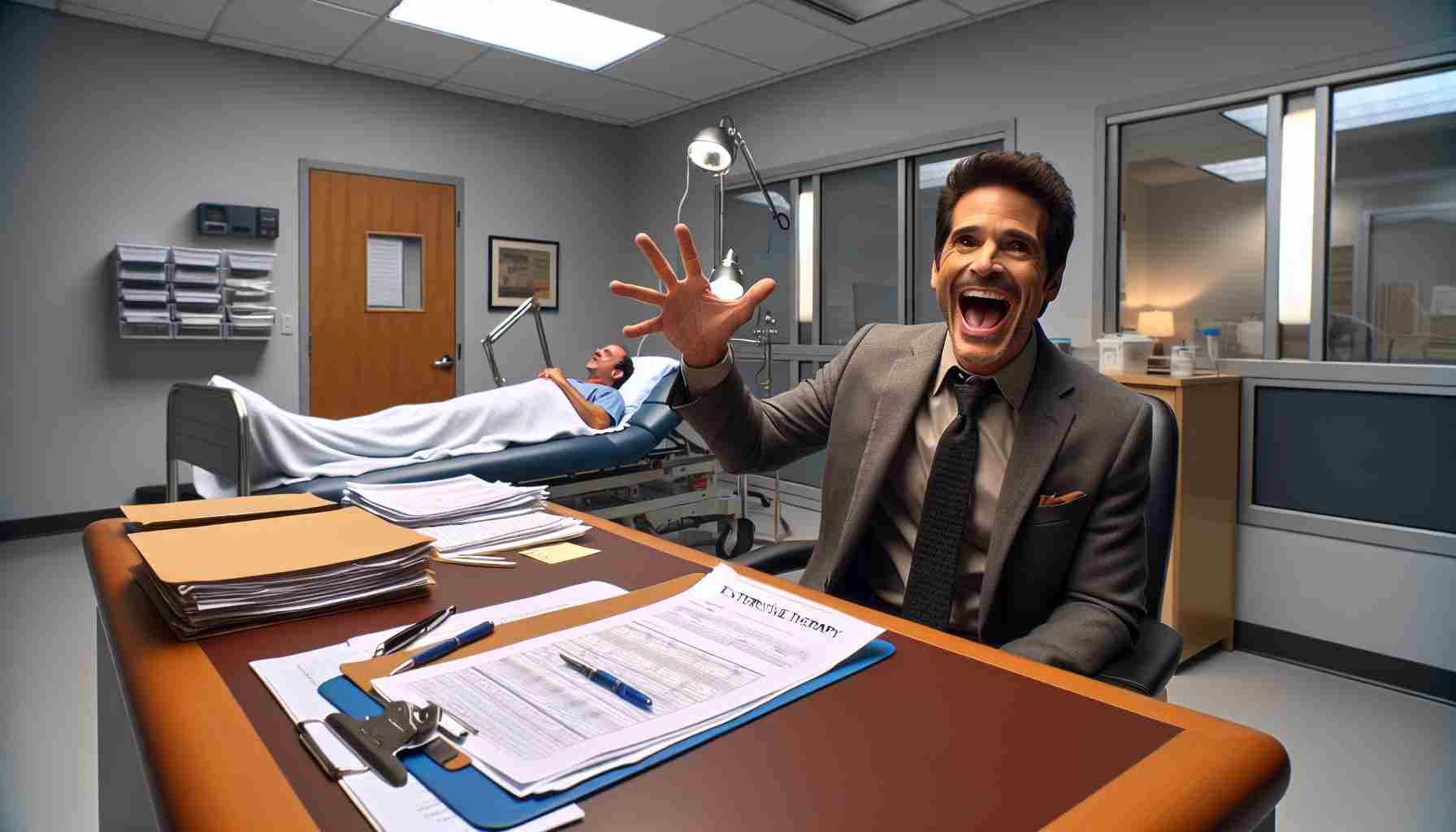 A high-definition, realistic photograph spotlighting the professional progress and extensive therapy of a former radio host. The image brings into focus the clinical environment of the treatment facility with its modern equipment and paperwork scattered across the desk. The former radio host, a middle-aged Hispanic man, can be seen engaged passionately in his therapy session, with eagerness and determination visible on his face. A step towards a brighter and better future is beautifully encapsulated in this image.