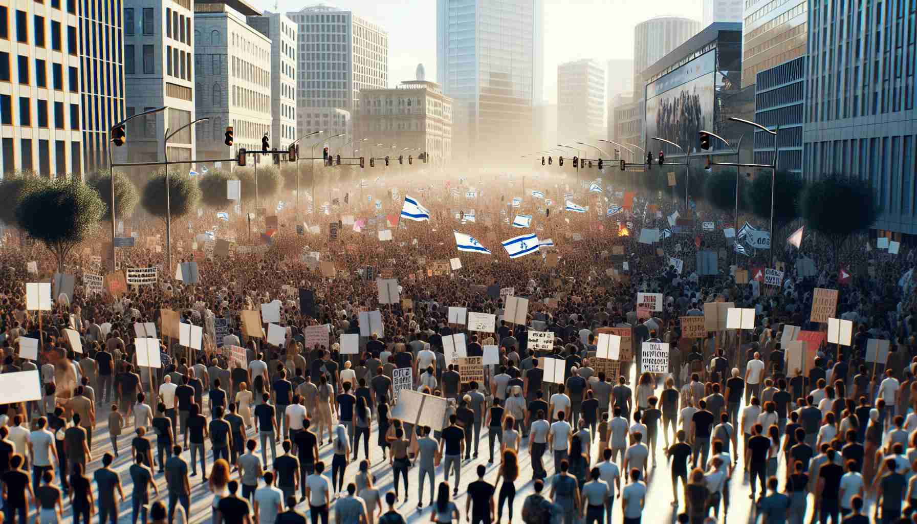 An ultra HD realistic portrayal of a large-scale public demonstration and nationwide strike occurring in Israel. The crowd is vast and comprises people of all ages, genders, and diverse descents including Middle-Eastern, Caucasian and South Asian. Displays of placards and banners are prominent, communicating a diverse spectrum of sentiments. The atmosphere is imbued with unity and solemnity - a collective response to a recent tragedy. Urban landscapes and prominent architectural features of Israel serve as the backdrop of the demonstration. Please avoid detailing any specific tragic event.