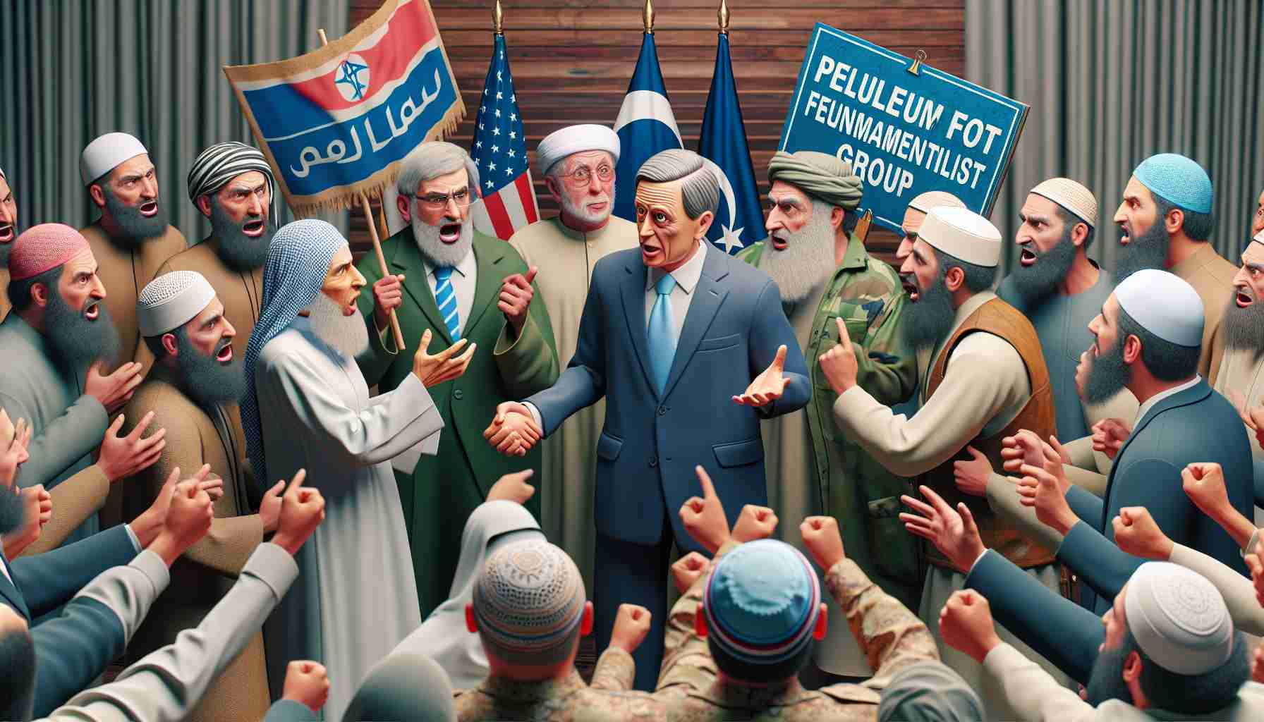 Realistic HD photo illustrating a disagreement about claimed support for a fundamentalist group in a political party's program.