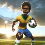 A lifelike, high-definition image of a young Brazilian soccer player challenging the status quo. He is of African descent, standing defiantly on the pitch with the sun setting behind him. He's decked in full football gear, excitement and determination evident on his face. Note the hint of rebellion in his stance.