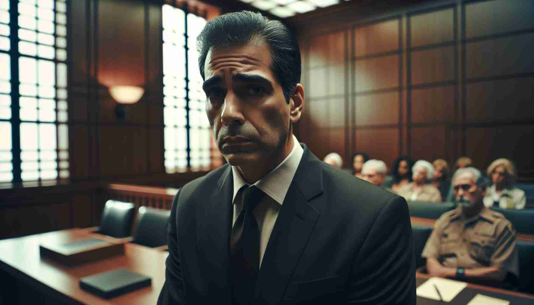 Generate a high-definition, realistic image of a courtroom scene. In this scene, a middle-aged Hispanic man, dressed in formal attire, is looking upset and regretful. The atmosphere of the room should hint at seriousness and provide a sense of gravity. The man is portrayed as understanding the consequences of his dangerous actions that involved speeding under the influence, causing a fatal traffic accident.