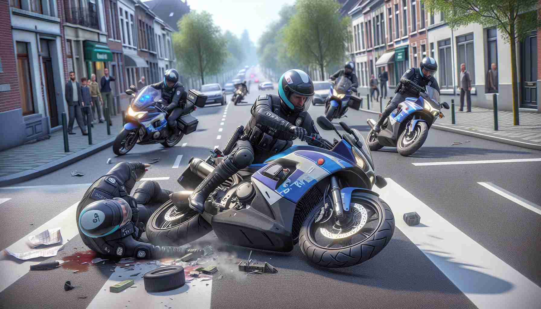 An HD detailed depiction of an incident in which two motorcycle police officers of diverse descent and gender are involved in a collision on the streets of an indicative neighborhood of Schaarbeek, a municipality located in the Brussels Capital Region. The scenario unravels with the officers in their respective uniforms, and the motorcycles, representing typical equipment of the local law enforcement, involved in a mild collision. Remember to portray this scene in a realistic manner, highlighting the urgency and tension typically associated with such incidents, but also ensuring the safety of the involved parties is clearly depicted.