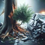 An ultra-high-resolution image depicting the scene of an accident where a car has crashed into a tree. The car is heavily damaged with its front end crumpled and the windshield shattered. The tree the car has hit is splintered, with broken branches lying around. Alongside the image, the text 'Tree-Related Car Accidents: A Growing Concern' can be seen clearly in bold letters. The overall image atmosphere should induce a sense of caution and awareness of the daily hazards one can encounter while driving.