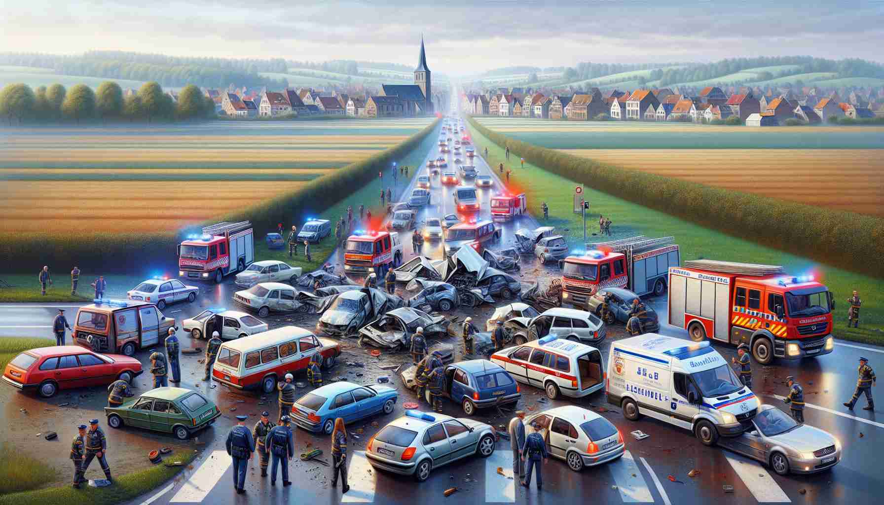 A detailed, high-definition image of a multi-vehicle collision causing a traffic disturbance near a location reminiscent of the rural landscapes in Zonnebeke, Belgium. The scene showcases assorted vehicles in varying states of damage with flashing red and blue emergency lights in the backdrop, milling around of police and emergency services personnel donning their uniforms, and a disrupted flow of traffic. The background should depict a panoramic view of wide open fields distinctive of Zonnebeke's landscape along with a characteristic old European town skyline in the distance.