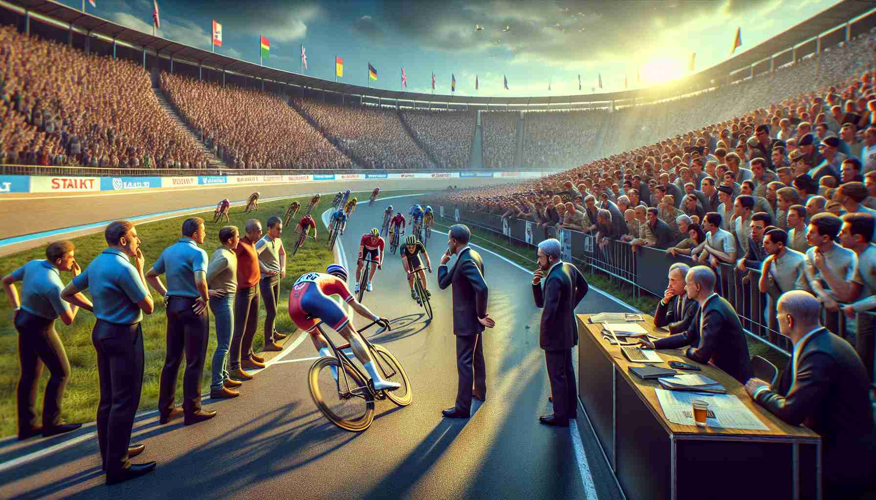 A highly detailed, realistic image representing a controversial move in a cycling race that leads to a suspension. The scene should capture a critical moment where a cyclist makes a faulty move, leading to tension, and an impending suspension. Around, spectators react with surprise, and officials consider their decision. The setting is a professional race track filled with an audience, booming with energy and intensity. The lighting should reflect a sunny afternoon, and the image should possess a high-definition quality with vibrant, rich colors.