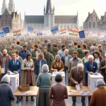 High-definition realistic image of a local elections scene in Flanders. The image should include aspects such as people of various descents and genders casting their votes, discussions among voters, campaign posters, and ballot boxes. Additionally, the image should capture elements beyond the immediate results, like voters' expressions of hope, anticipation, and apprehension, and the potential impact on the local community.