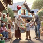 Create a high-definition, realistic image representing acts of kindness within a small community setting. The scene should include an East Asian man helping a Middle Eastern elderly woman carry her groceries. In the background, a young Caucasian boy is handing a balloon to a South Asian girl. The area is filled with laughter and joy, portraying a warm, neighborly atmosphere. The backdrop of this image is the quintessential small town complete with traditional houses and a tree-lined street.