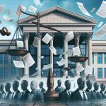 A realistic high-definition image portraying a symbolic representation of a financial services firm facing legal action after a data breach. The image should depict a financial institution's building with documents flying around to represent the data breach, and a pair of large, metaphorical scales of justice looming in the foreground, symbolizing the legal action. Distressed expressions on the faces of various anonymous employees in the foreground could further enhance the narrative of the image.