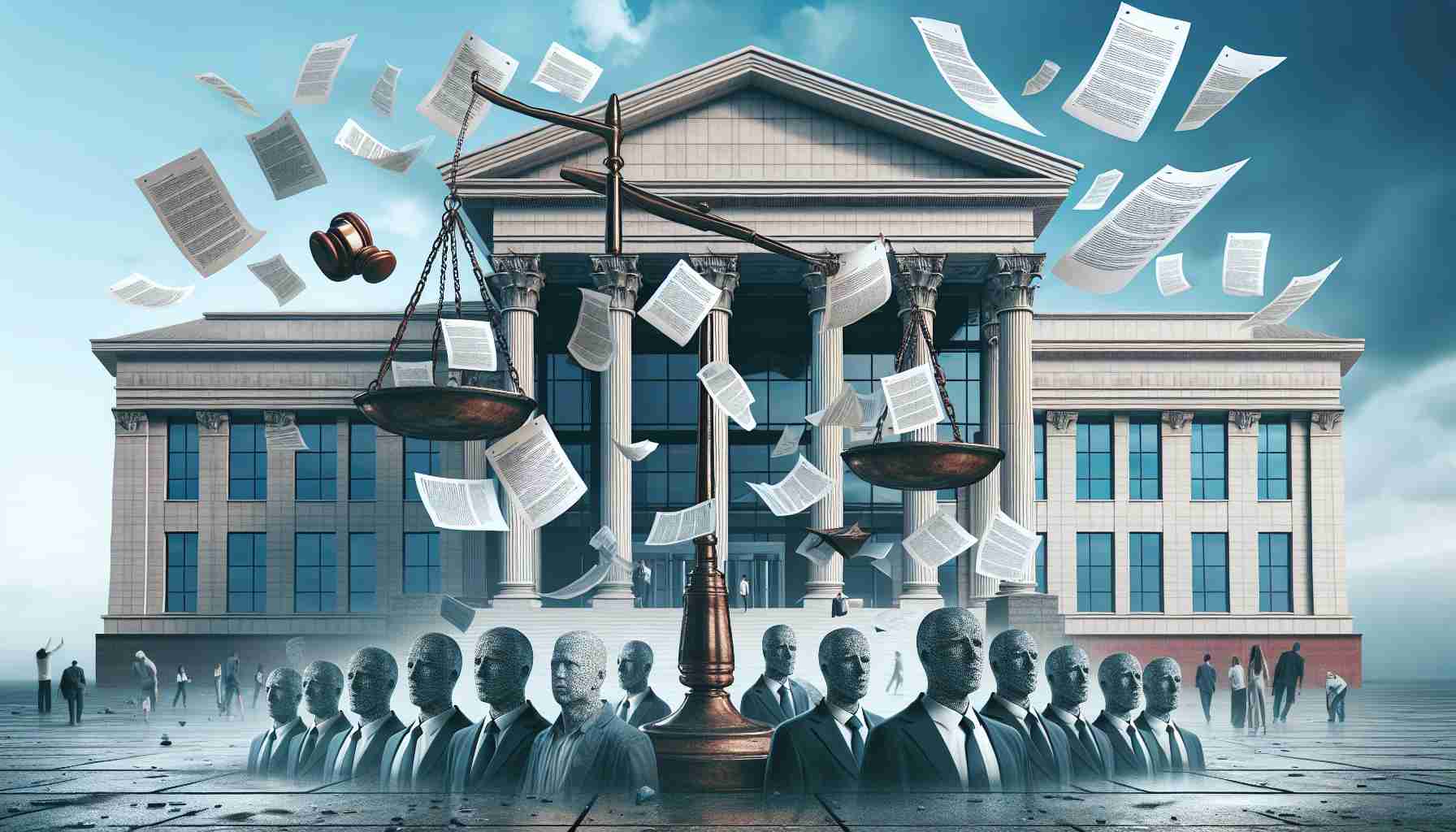 A realistic high-definition image portraying a symbolic representation of a financial services firm facing legal action after a data breach. The image should depict a financial institution's building with documents flying around to represent the data breach, and a pair of large, metaphorical scales of justice looming in the foreground, symbolizing the legal action. Distressed expressions on the faces of various anonymous employees in the foreground could further enhance the narrative of the image.