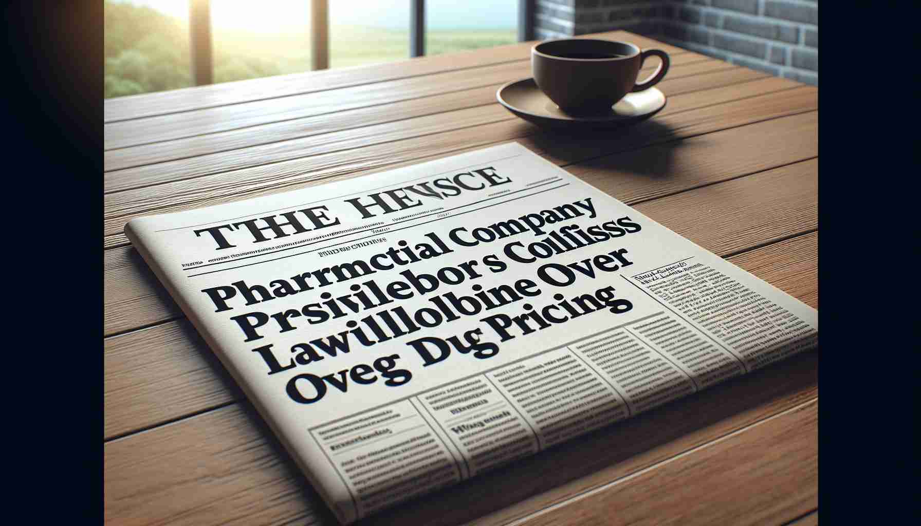 Realistic, high-definition picture showcasing a headline on an important story: 'Pharmaceutical Company Prevails in Whistleblower Lawsuit Over Drug Pricing'. The headline is presented on a newspaper, with text in a bold, large font, lying on a wooden table alongside a morning's cup of coffee. The backdrop suggests an early morning setting, with soft daylight seeping in through a window.