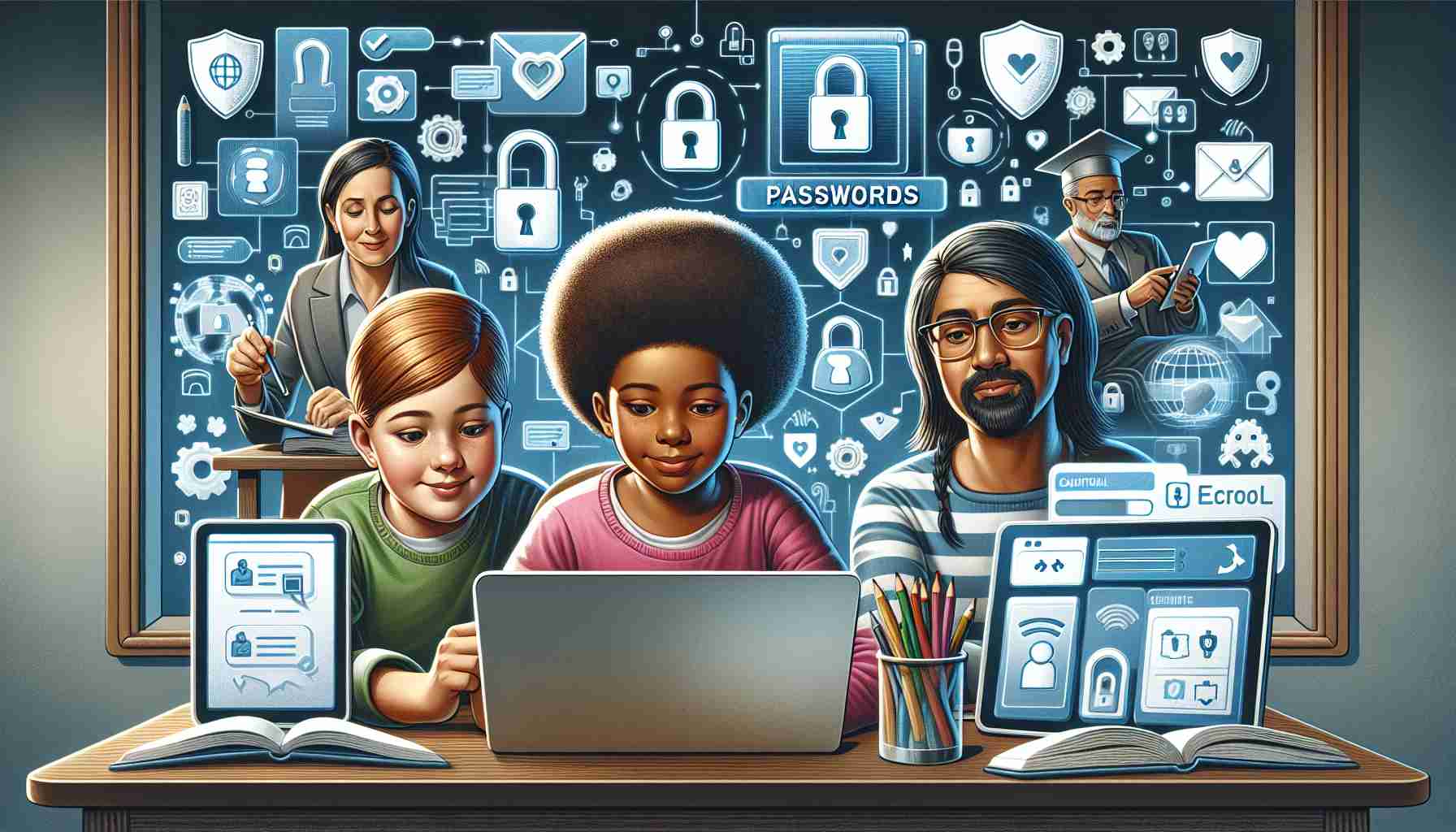 Detailed and realistic high-definition illustration of a conceptual scene representing innovative strategies for online safety for children. Include a variety of elements such as strong passwords displayed on a computer screen, parents overseeing their child's internet usage, educational software with icons like locks and shields. Show an African American girl sitting at a laptop, a Middle-Eastern boy using a tablet, and a White woman teaching them good digital habits. It should reflect a wholesome atmosphere of learning, caution, and security.