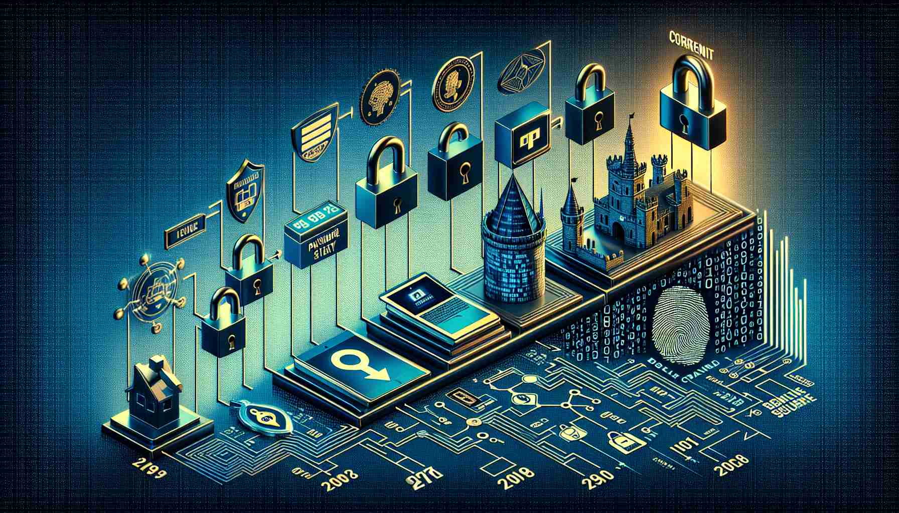 Generate a high-definition, realistic image depicting the evolution of digital banking security in online-only banks, or neobanks. This could include various stages such as inception, gradual changes, and current state. You could adopt a timeline structure, with key milestones symbolised by relevant icons - an unlocked padlock for the early stages with lesser security measures, a combination lock to indicate the implementation of password protections, a fingerprint to denote biometric security measures, and a fortified castle to symbolize the robust security of modern day. Perhaps some binary codes or digital matrix as background could represent the digital nature of these banks.