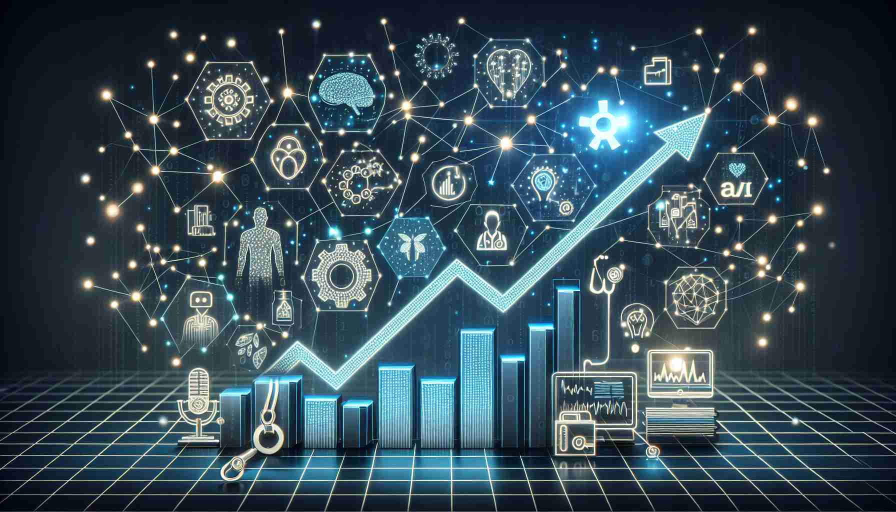 An in-depth visualization of how Artificial Intelligence is influencing the evolution of various industries. Illustrate a graph rising upwards, symbolizing growth in efficiency and productivity. Include symbols representing different sectors such as a gear for manufacturing, a stethoscope for healthcare, and a laptop for IT services. The AI element could be represented by a futuristic robot or a neural network diagram spreading its influence across these symbols. Ensure all the details are high-definition and the representation mirrors real life.