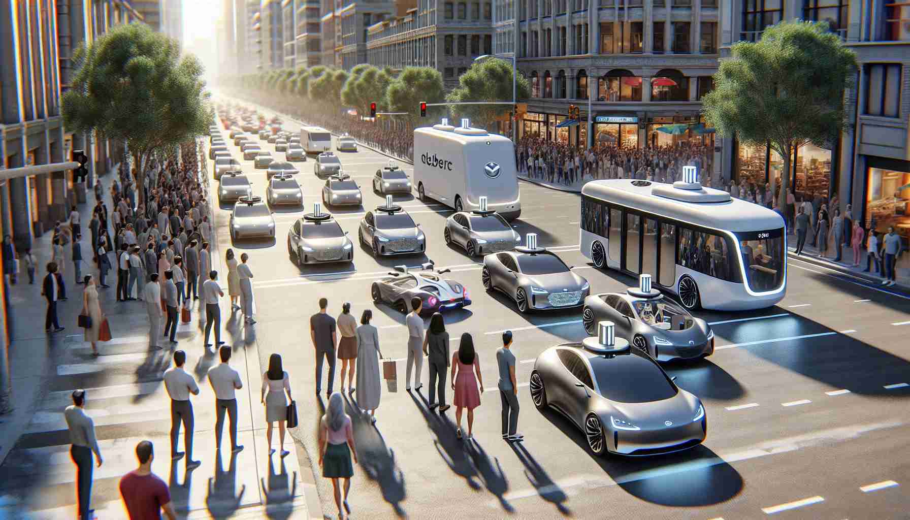 A high definition, realistic image depicting the rise of autonomous vehicles and the future of transportation. The scene includes a bustling city street full of various self-driving vehicles including cars, buses and delivery drones. Pedestrians of diverse genders and descents, such as Caucasian, Hispanic, Black, Middle Eastern and South Asian, are observing the scenario with awe and curiosity. The vehicles are smoothly integrating with traffic, reducing congestion, and showcasing a vision of a future where road safety and efficiency are greatly improved.