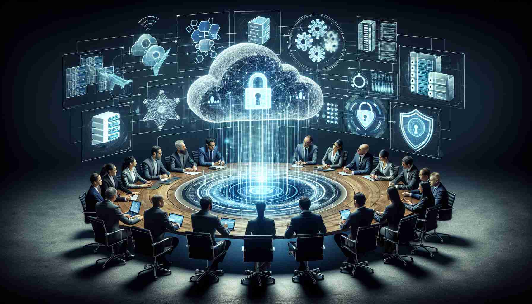 A realistic and high-definition illustration representing the concept of enhancing data security standards through innovative collaboration. Visualize a round table session, with various people of different genders and descents, actively engaged in a discussion. The table is filled with technological elements like holographic screens showing complex data structures, firewalls, encryption symbols, and lock icons. Each person could be seen contributing an element to a larger, shared holographic structure hovering above the table, symbolizing the collective effort towards elevating data security.